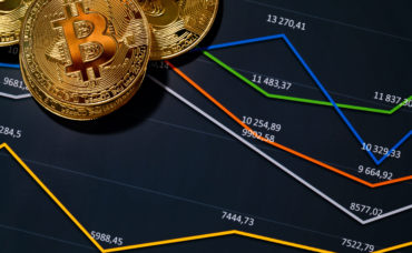Gold bitcoin on statistics and financial charts over cryptocurrency values and prices. Virtual money or blockchain cryptocurrency.
